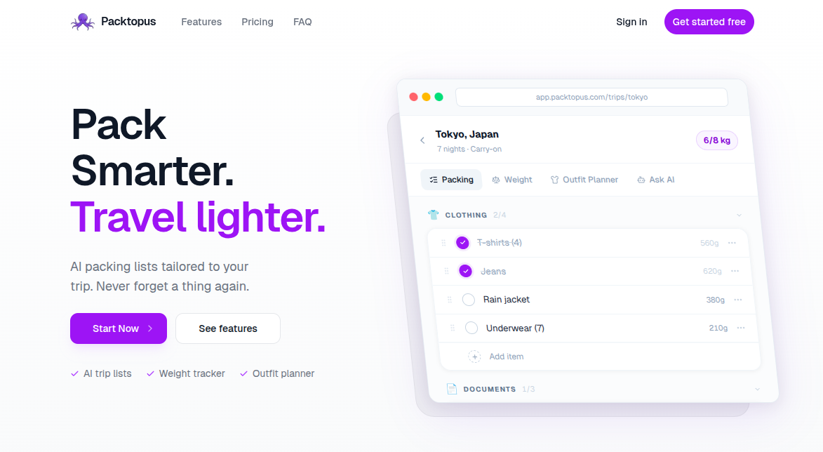 Packthis Packtopus - AI-Powered Packing Lists